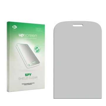 Parte frontal de un envase de producto con el logotipo de la marca upscreen. Al lado está el protector de pantalla correspondi