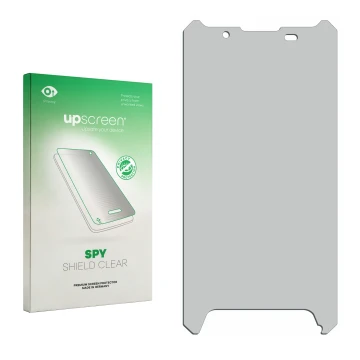 Parte frontal de un envase de producto con el logotipo de la marca upscreen. Al lado está el protector de pantalla correspondi