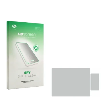 Parte frontal de un envase de producto con el logotipo de la marca upscreen. Al lado está el protector de pantalla correspondi
