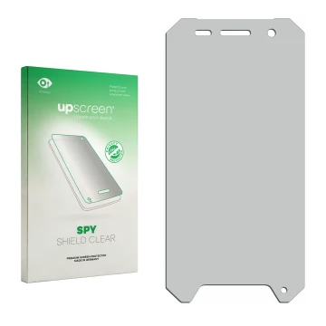 Parte frontal de un envase de producto con el logotipo de la marca upscreen. Al lado está el protector de pantalla correspondi