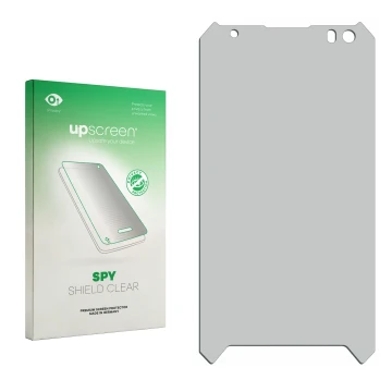 Parte frontal de un envase de producto con el logotipo de la marca upscreen. Al lado está el protector de pantalla correspondi