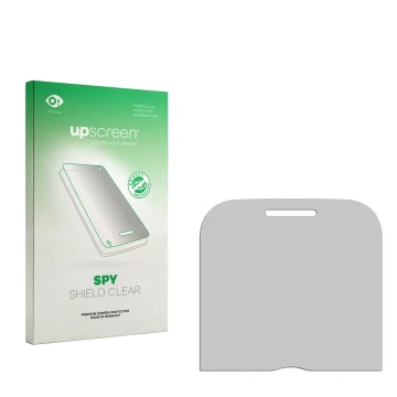 Parte frontal de un envase de producto con el logotipo de la marca upscreen. Al lado está el protector de pantalla correspondi