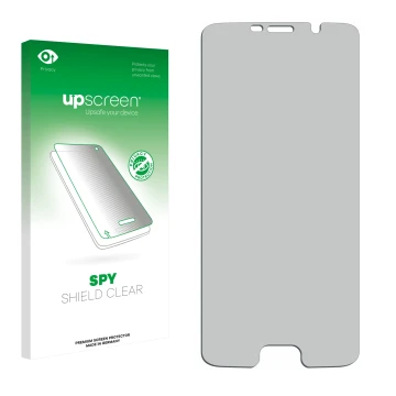 Parte frontal de un envase de producto con el logotipo de la marca upscreen. Al lado está el protector de pantalla correspondi