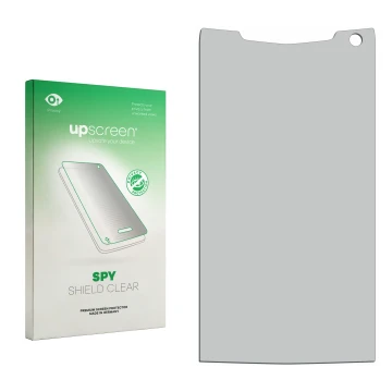 Parte frontal de un envase de producto con el logotipo de la marca upscreen. Al lado está el protector de pantalla correspondi