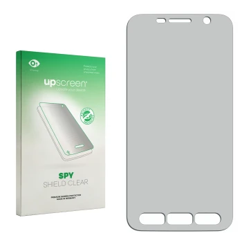 Parte frontal de un envase de producto con el logotipo de la marca upscreen. Al lado está el protector de pantalla correspondi