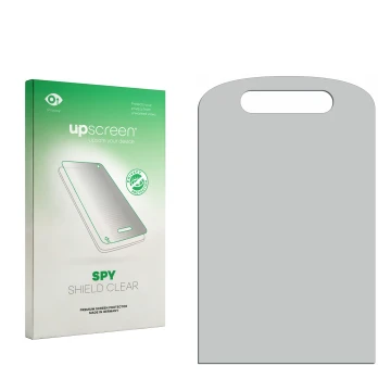 Parte frontal de un envase de producto con el logotipo de la marca upscreen. Al lado está el protector de pantalla correspondi