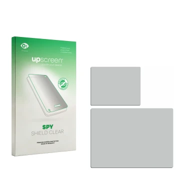 Parte frontal de un envase de producto con el logotipo de la marca upscreen. Al lado está el protector de pantalla correspondi