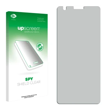 Parte frontal de un envase de producto con el logotipo de la marca upscreen. Al lado está el protector de pantalla correspondi
