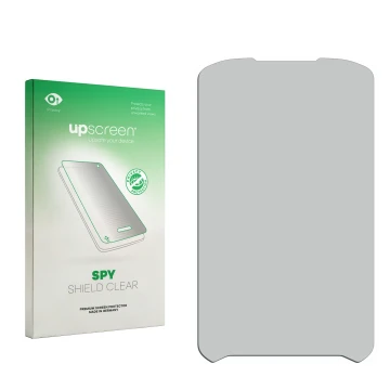 Parte frontal de un envase de producto con el logotipo de la marca upscreen. Al lado está el protector de pantalla correspondi