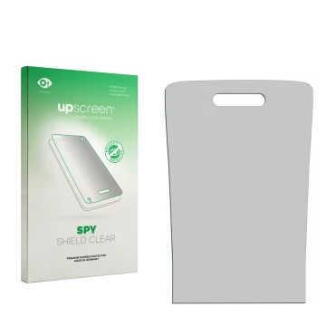 Parte frontal de un envase de producto con el logotipo de la marca upscreen. Al lado está el protector de pantalla correspondi