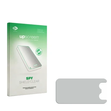 Parte frontal de un envase de producto con el logotipo de la marca upscreen. Al lado está el protector de pantalla correspondi