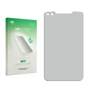 Parte frontal de un envase de producto con el logotipo de la marca upscreen. Al lado está el protector de pantalla correspondi