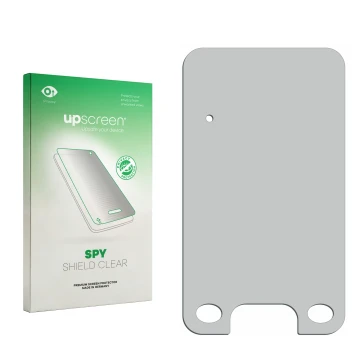 Parte frontal de un envase de producto con el logotipo de la marca upscreen. Al lado está el protector de pantalla correspondi