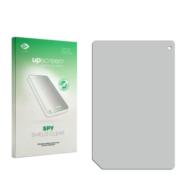 Parte frontal de un envase de producto con el logotipo de la marca upscreen. Al lado está el protector de pantalla correspondi
