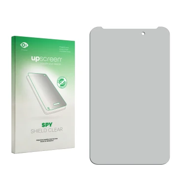 Parte frontal de un envase de producto con el logotipo de la marca upscreen. Al lado está el protector de pantalla correspondi