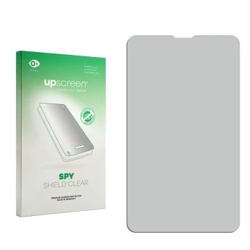 Parte frontal de un envase de producto con el logotipo de la marca upscreen. Al lado está el protector de pantalla correspondi