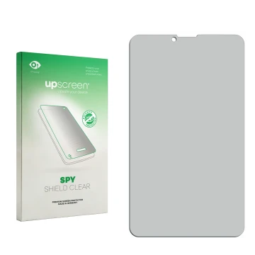 Parte frontal de un envase de producto con el logotipo de la marca upscreen. Al lado está el protector de pantalla correspondi