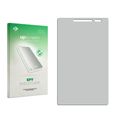 Parte frontal de un envase de producto con el logotipo de la marca upscreen. Al lado está el protector de pantalla correspondi