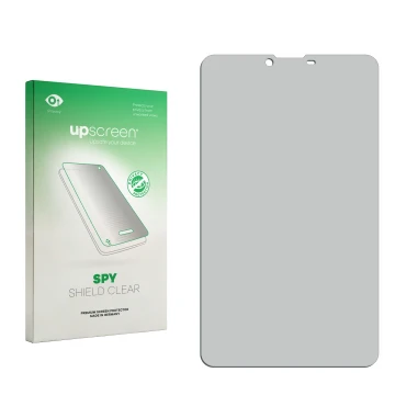 Parte frontal de un envase de producto con el logotipo de la marca upscreen. Al lado está el protector de pantalla correspondi