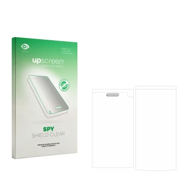 Parte frontal de un envase de producto con el logotipo de la marca upscreen. Al lado está el protector de pantalla correspondi