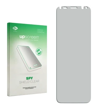 Parte frontal de un envase de producto con el logotipo de la marca upscreen. Al lado está el protector de pantalla correspondi