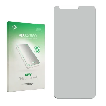 Parte frontal de un envase de producto con el logotipo de la marca upscreen. Al lado está el protector de pantalla correspondi