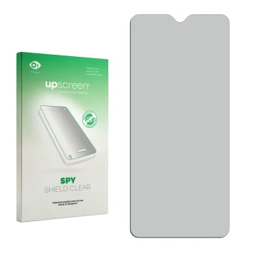 Parte frontal de un envase de producto con el logotipo de la marca upscreen. Al lado está el protector de pantalla correspondi