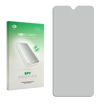 Parte frontal de un envase de producto con el logotipo de la marca upscreen. Al lado está el protector de pantalla correspondi