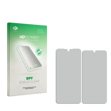 Parte frontal de un envase de producto con el logotipo de la marca upscreen. Al lado está el protector de pantalla correspondi