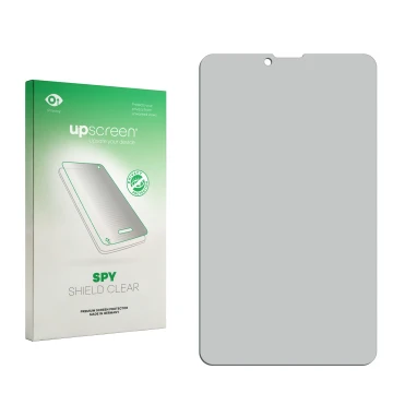 Parte frontal de un envase de producto con el logotipo de la marca upscreen. Al lado está el protector de pantalla correspondi