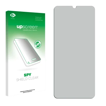 Parte frontal de un envase de producto con el logotipo de la marca upscreen. Al lado está el protector de pantalla correspondi