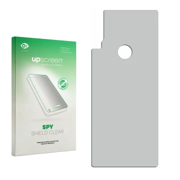 Parte frontal de un envase de producto con el logotipo de la marca upscreen. Al lado está el protector de pantalla correspondi