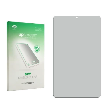 Parte frontal de un envase de producto con el logotipo de la marca upscreen. Al lado está el protector de pantalla correspondi