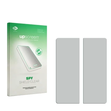 Parte frontal de un envase de producto con el logotipo de la marca upscreen. Al lado está el protector de pantalla correspondi