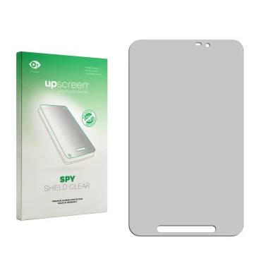 Parte frontal de un envase de producto con el logotipo de la marca upscreen. Al lado está el protector de pantalla correspondi
