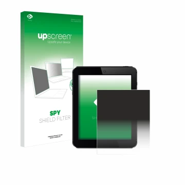 Parte frontal de un envase de producto con el logotipo de la marca upscreen. Al lado se muestra el dispositivo con su protecto