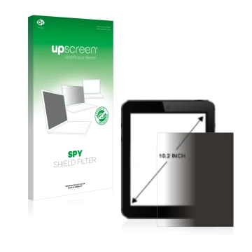 Parte frontal de un envase de producto con el logotipo de la marca upscreen. Al lado se muestra el dispositivo con su protecto