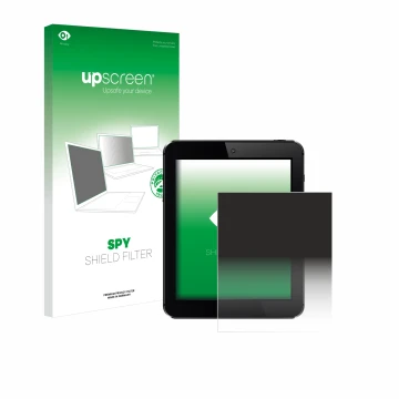 Parte frontal de un envase de producto con el logotipo de la marca upscreen. Al lado se muestra el dispositivo con su protecto