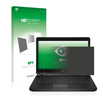 Parte frontal de un envase de producto con el logotipo de la marca upscreen. Al lado se muestra el dispositivo Dell Latitude 1
