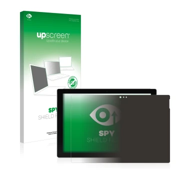 Parte frontal de un envase de producto con el logotipo de la marca upscreen. Al lado se muestra el dispositivo Microsoft Surfa