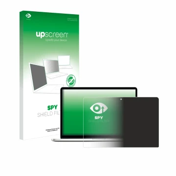 Parte frontal de un envase de producto con el logotipo de la marca upscreen. Al lado se muestra el dispositivo Apple MacBook P