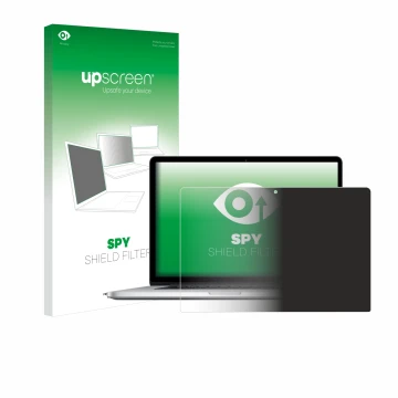 Parte frontal de un envase de producto con el logotipo de la marca upscreen. Al lado se muestra el dispositivo Apple MacBook P