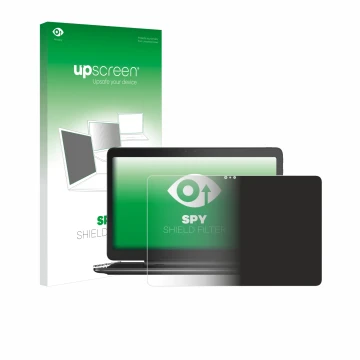 Parte frontal de un envase de producto con el logotipo de la marca upscreen. Al lado se muestra el dispositivo Dell Latitude 1