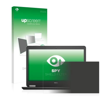 Parte frontal de un envase de producto con el logotipo de la marca upscreen. Al lado se muestra el dispositivo Dell Latitude 1