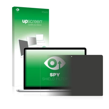 Parte frontal de un envase de producto con el logotipo de la marca upscreen. Al lado se muestra el dispositivo Apple MacBook P