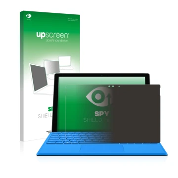 Parte frontal de un envase de producto con el logotipo de la marca upscreen. Al lado se muestra el dispositivo Microsoft Surfa