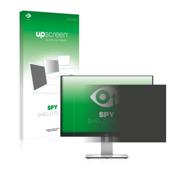 Parte frontal de un envase de producto con el logotipo de la marca upscreen. Al lado se muestra el dispositivo Dell Ultrasharp