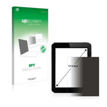 Parte frontal de un envase de producto con el logotipo de la marca upscreen. Al lado se muestra el dispositivo con su protecto