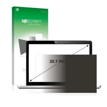 Parte frontal de un envase de producto con el logotipo de la marca upscreen. Al lado se muestra el dispositivo con su protecto