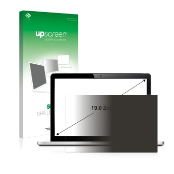 Parte frontal de un envase de producto con el logotipo de la marca upscreen. Al lado se muestra el dispositivo con su protecto